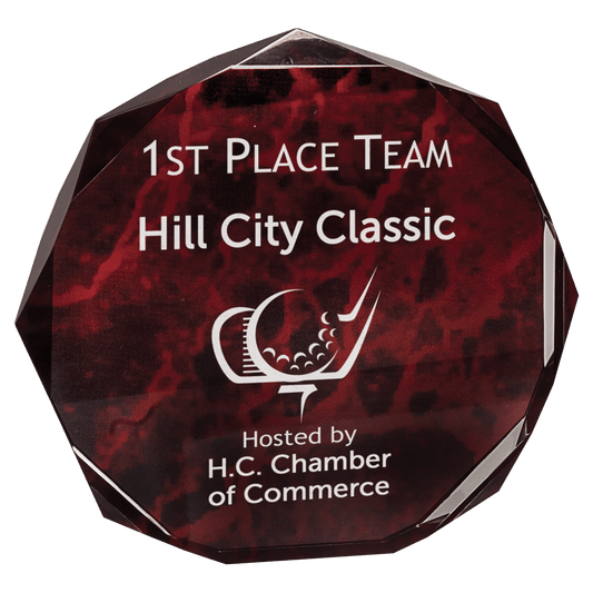Red Marble Octagon Acrylic award, 5", self-standing acrylic with clear engraving area