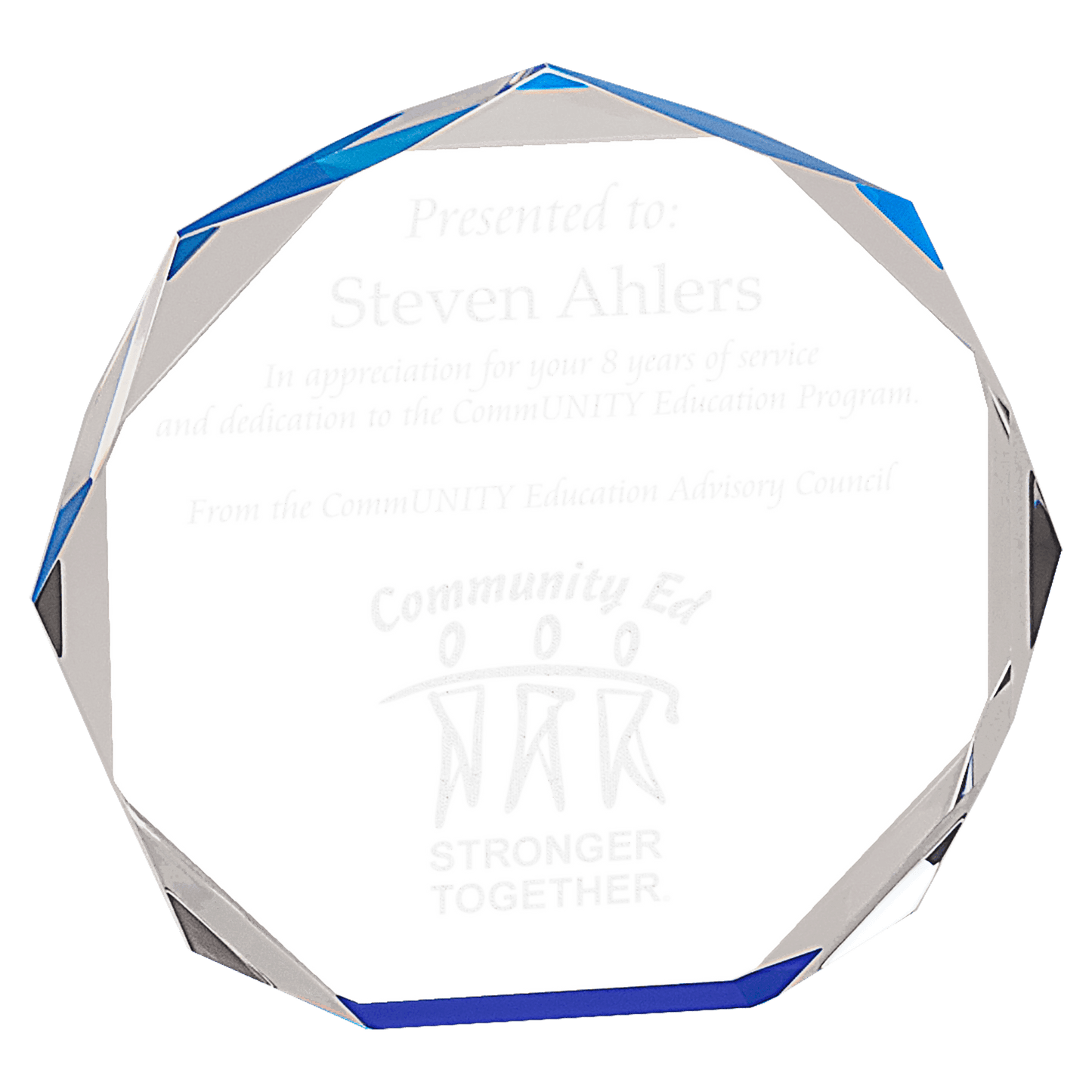 Blue Octagon Acrylic award, 6", self-standing acrylic with clear engraving area
