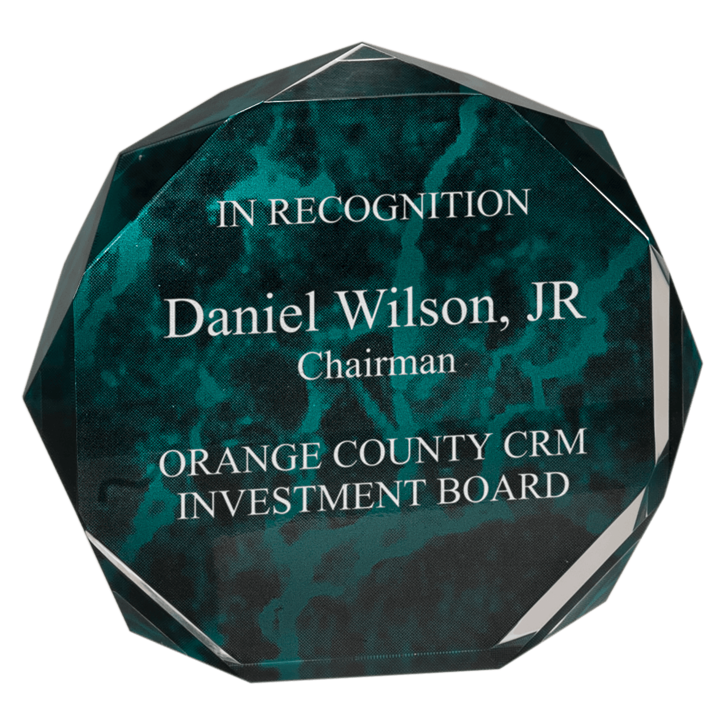 Green Marble Octagon Acrylic award, 6", self-standing acrylic with clear engraving area
