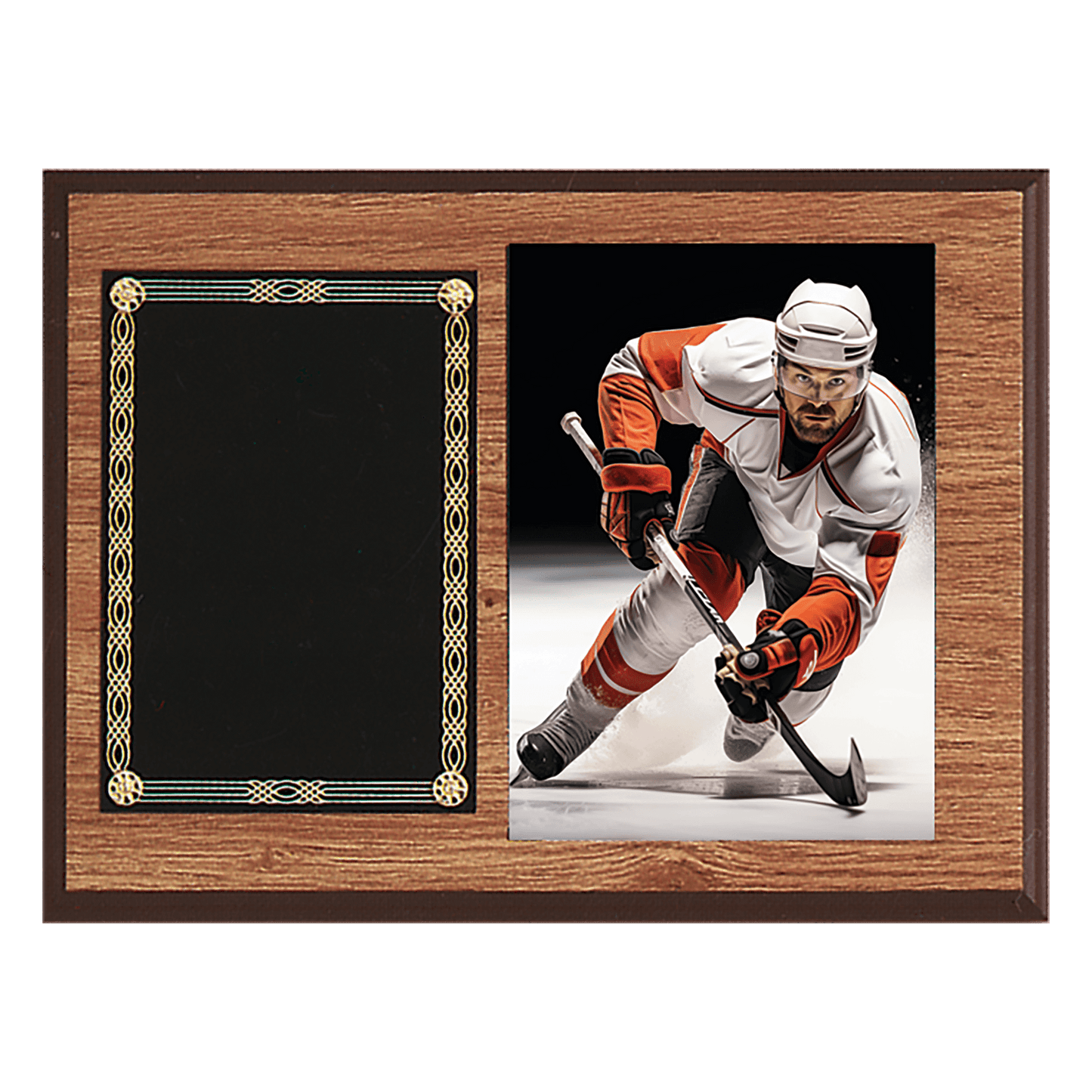 Oak finish 9 by 12 inch photo plaque with black brass plate and 5 by 7 inch photo opening