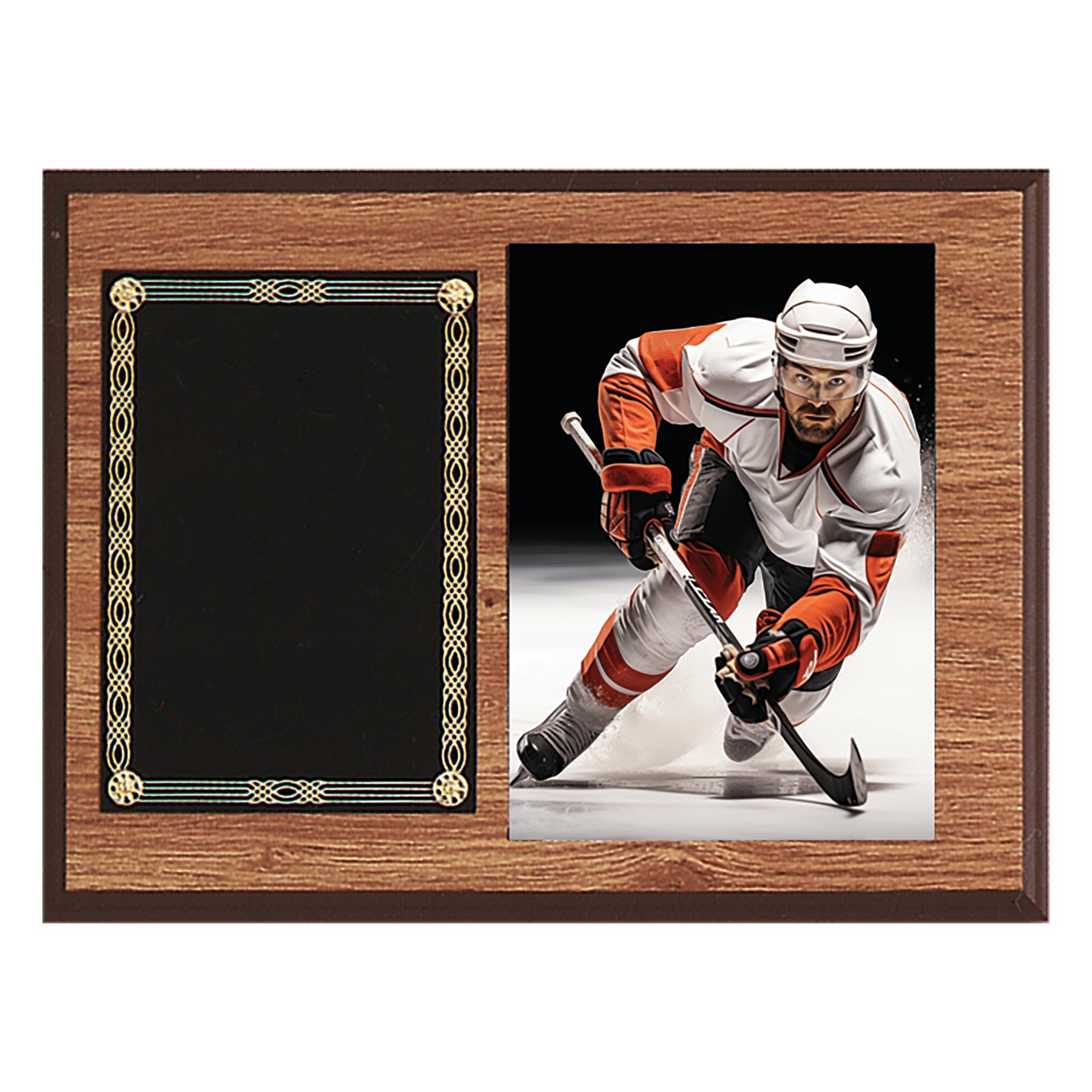 Oak finish 9 by 12 inch photo plaque with black brass plate and 5 by 7 inch photo opening