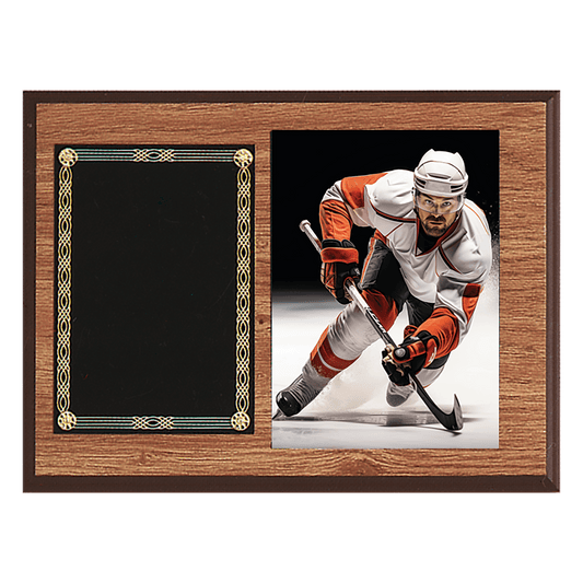 Oak finish 9 by 12 inch photo plaque with black brass plate and 5 by 7 inch photo opening