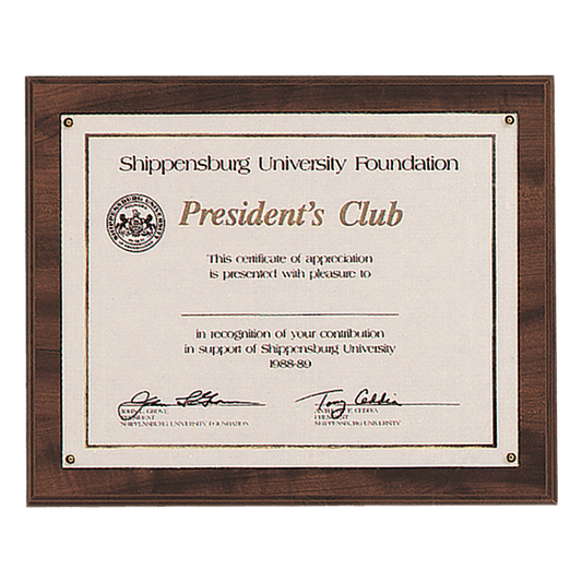Walnut finish 10.5 by 13 inch certificate plaque with clear plexiglass cover displaying an 8.5 by 11 inch certificate