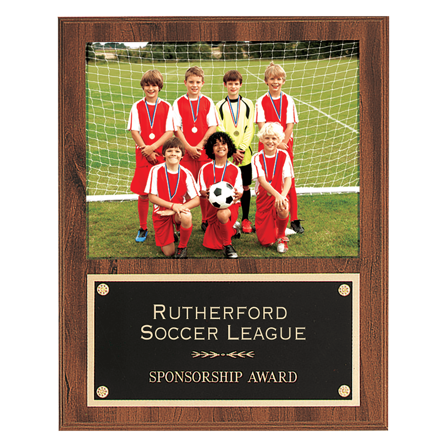American walnut finish 12 by 15 inch photo plaque with black brass engraving plate holding an 8 by 10 inch photo