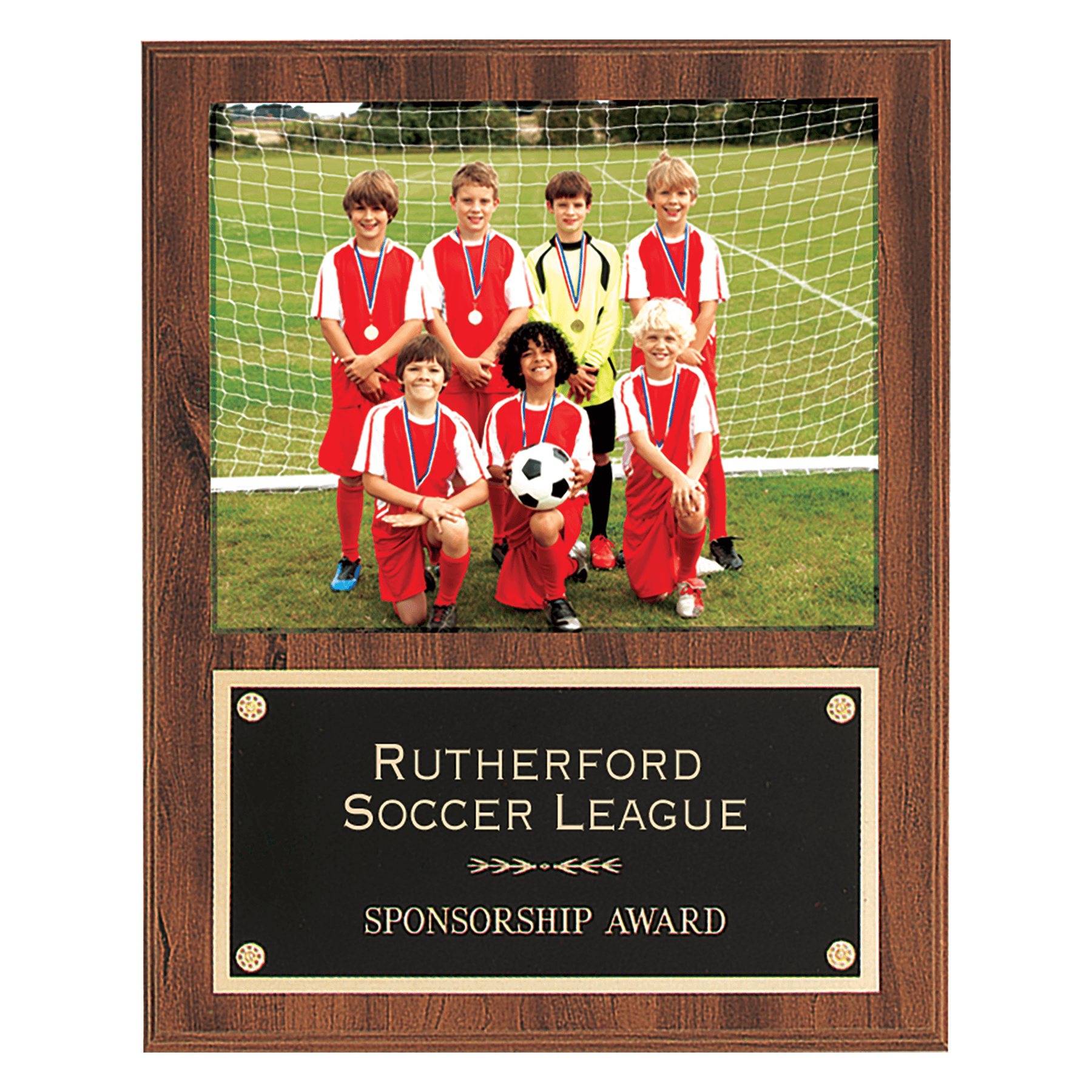 American walnut finish 12 by 15 inch photo plaque with black brass engraving plate holding an 8 by 10 inch photo