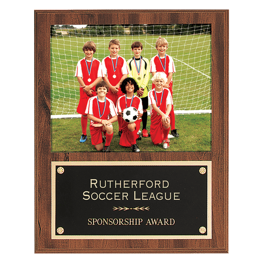 American walnut finish 12 by 15 inch photo plaque with black brass engraving plate holding an 8 by 10 inch photo