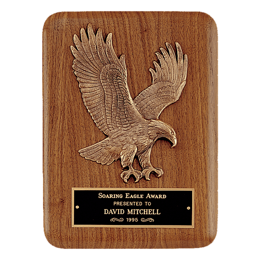 Solid American walnut eagle award plaque with gold eagle relief and black brass engraving plate, 7 by 9 inches