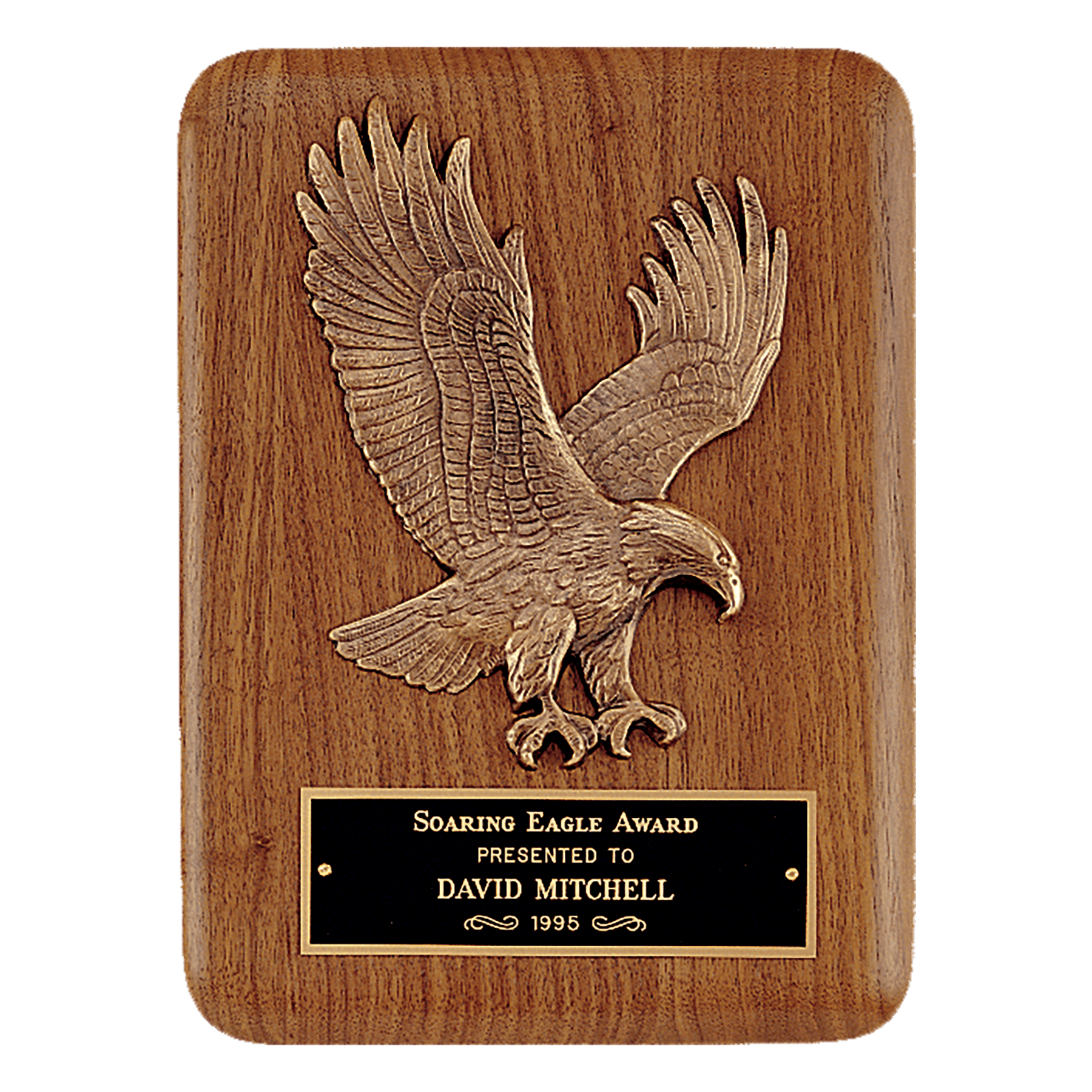 Solid American walnut eagle award plaque with gold eagle relief and black brass engraving plate, 9 by 12 inches
