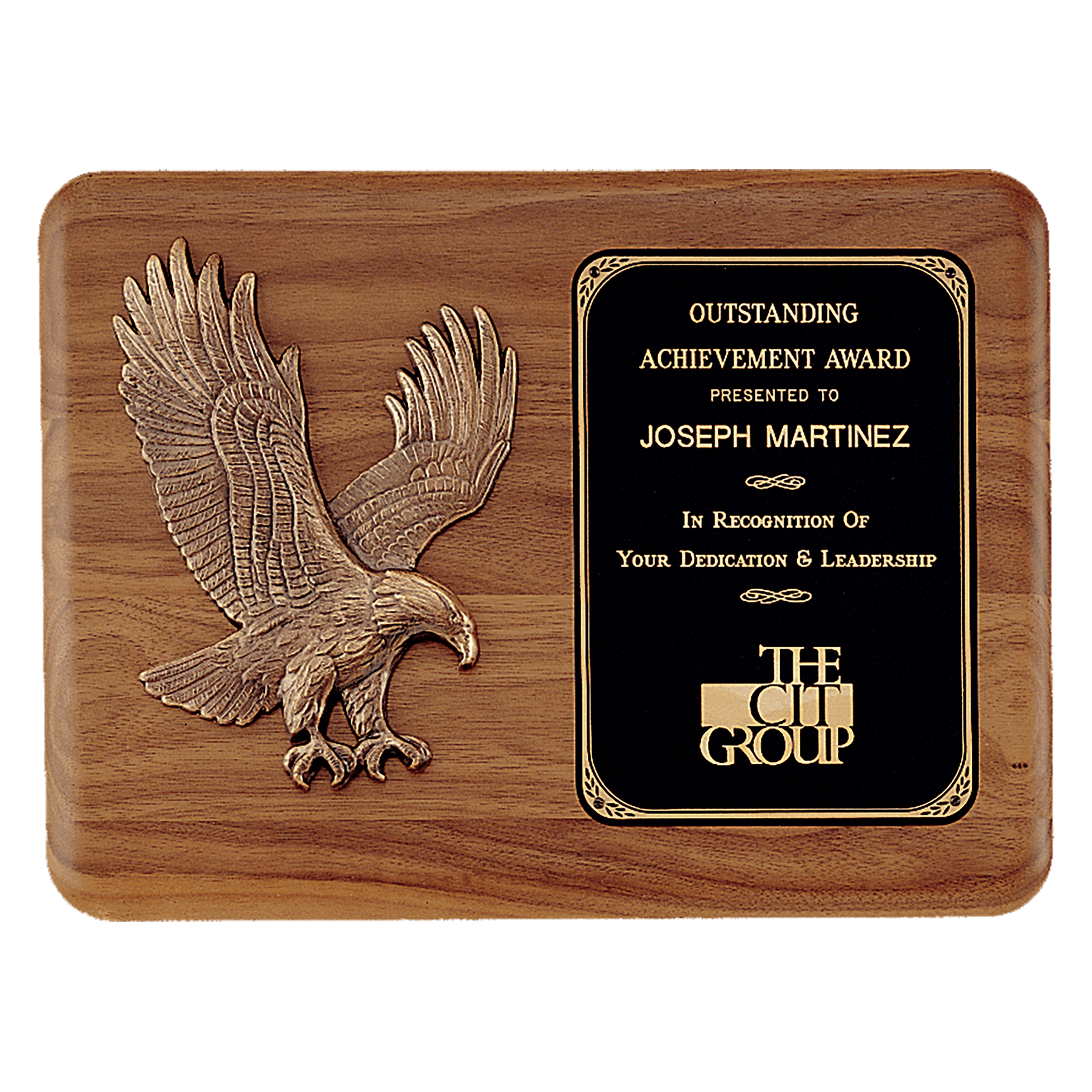 Solid American walnut 11 by 15 inch eagle plaque with sculptured antique bronze eagle casting and black brass engraving plate