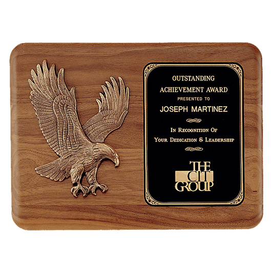Solid American walnut 11 by 15 inch eagle plaque with sculptured antique bronze eagle casting and black brass engraving plate