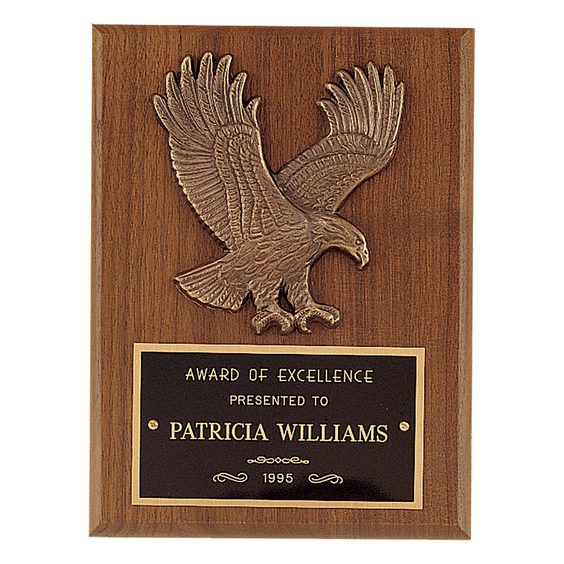 Solid American walnut 8 by 8 inch eagle plaque with sculptured relief eagle casting and black engraving plate