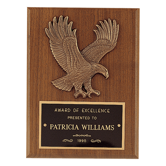 Solid American walnut 8 by 8 inch eagle plaque with sculptured relief eagle casting and black engraving plate