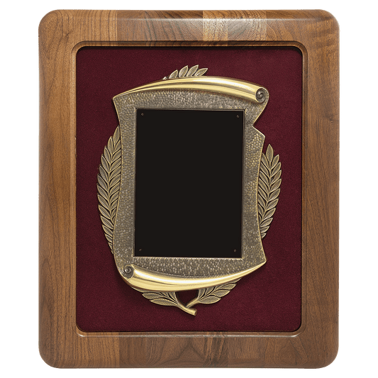 American walnut framed award plaque with maroon velour background, bronze-finish frame, and black engravable brass plate, 14 by 17 inches