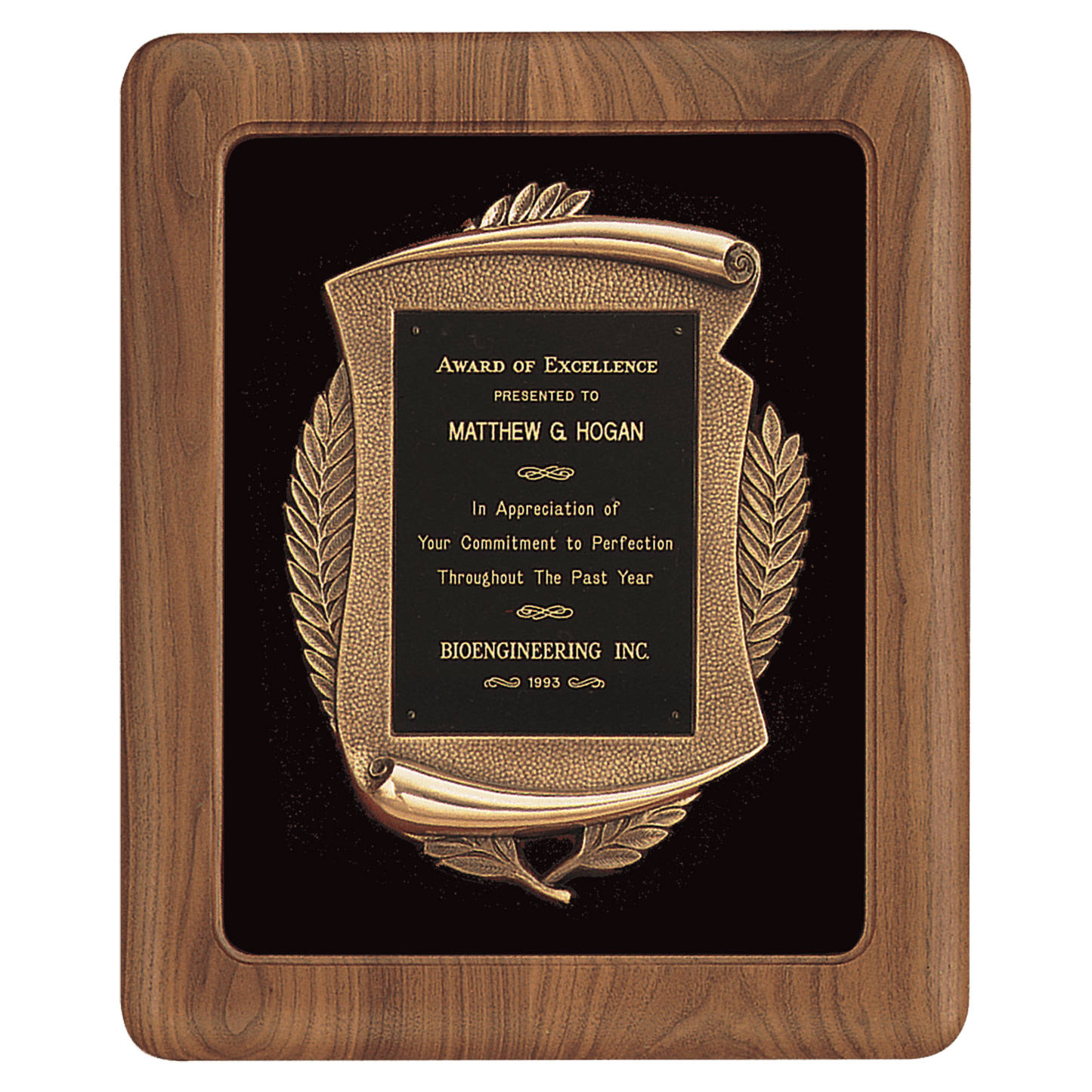 American walnut framed award plaque with black velour background, bronze-finish frame, and black engravable brass plate, 14 by 17 inches