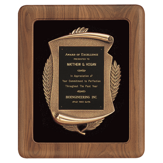American walnut framed award plaque with black velour background, bronze-finish frame, and black engravable brass plate, 14 by 17 inches