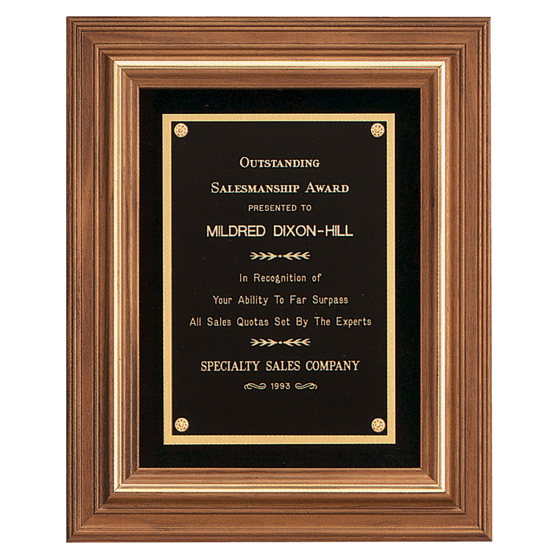 American walnut framed award plaque with gold trim, black velour background, and black engravable brass plate, 12 by 14 inches