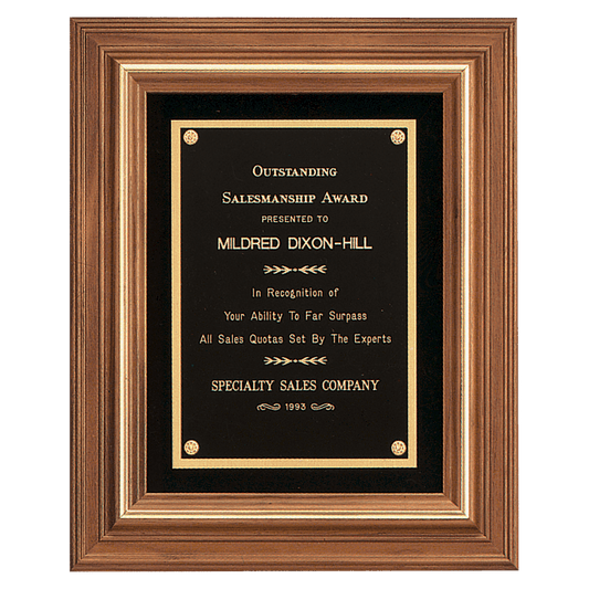 American walnut framed award plaque with gold trim, black velour background, and black engravable brass plate, 12 by 14 inches