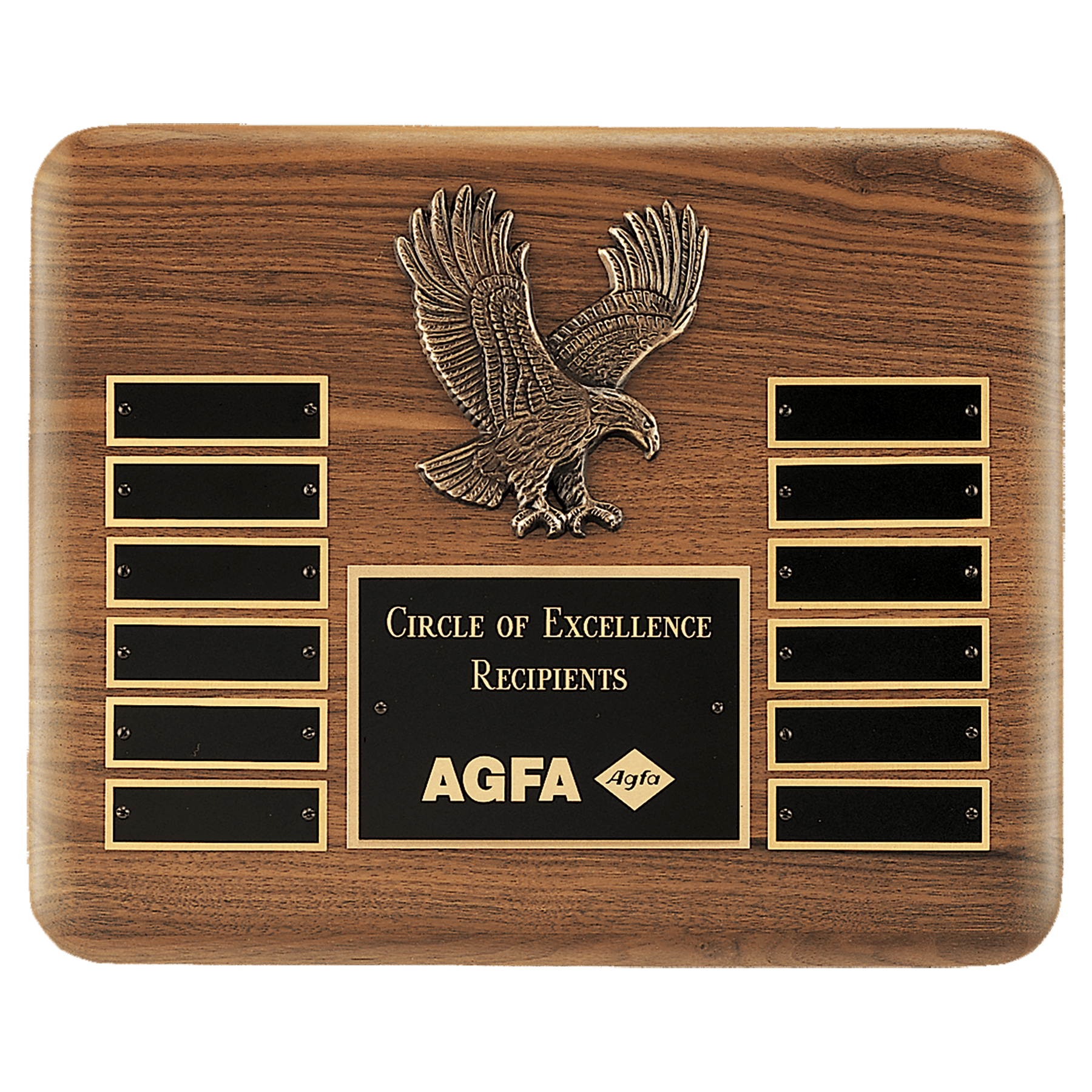 Solid American walnut 10.5 by 13 inch perpetual eagle plaque with antique bronze eagle casting, black LaserFX header, and twelve brass perpetual plates