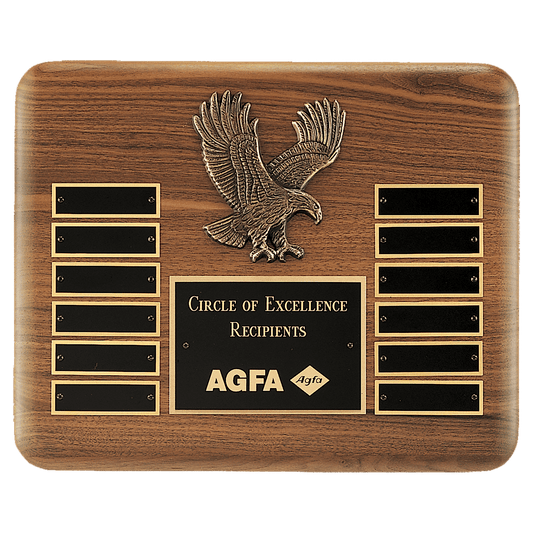 Solid American walnut 10.5 by 13 inch perpetual eagle plaque with antique bronze eagle casting, black LaserFX header, and twelve brass perpetual plates