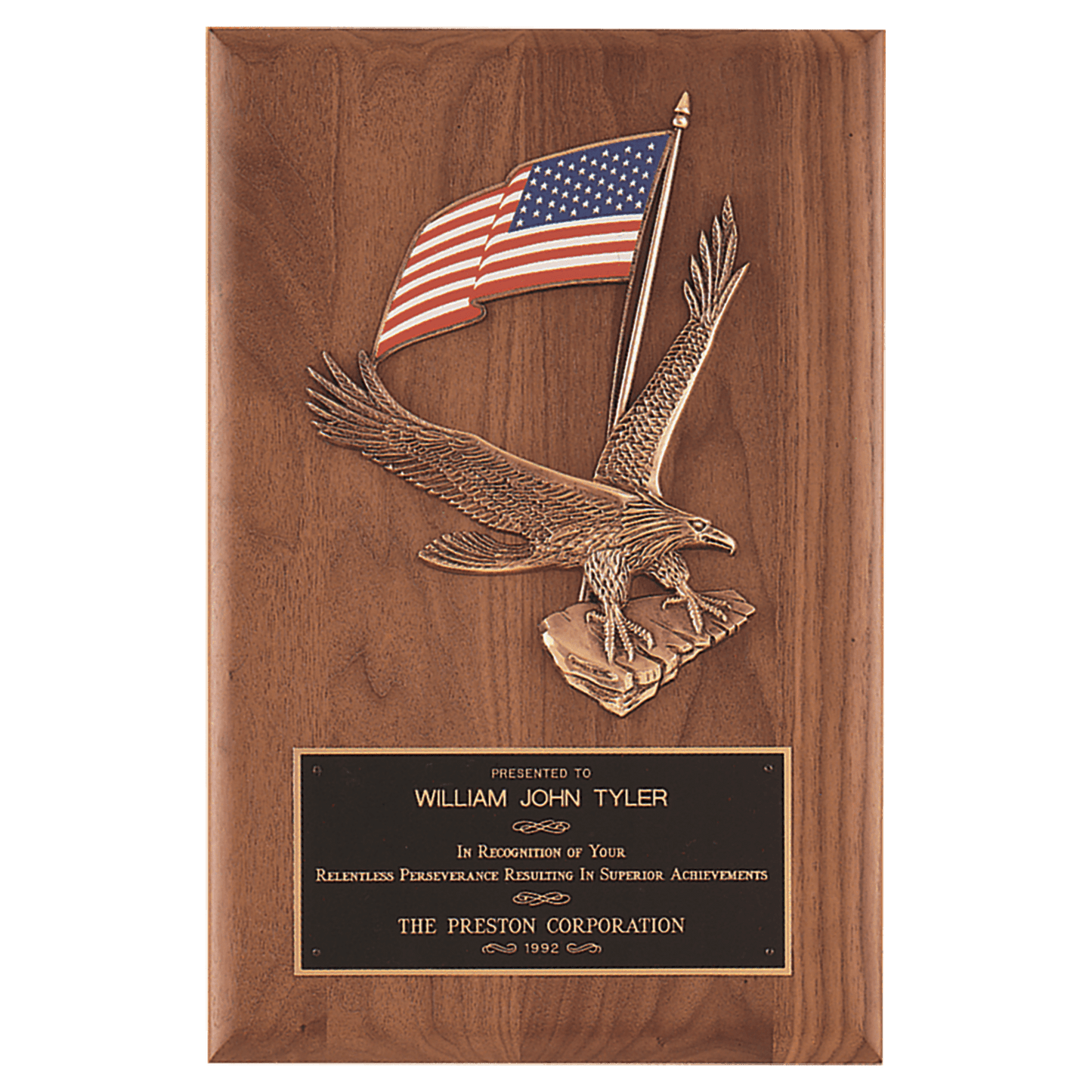 Solid American walnut 8 by 10.5 inch plaque with sculptured gold eagle and American flag relief and black brass engraving plate
