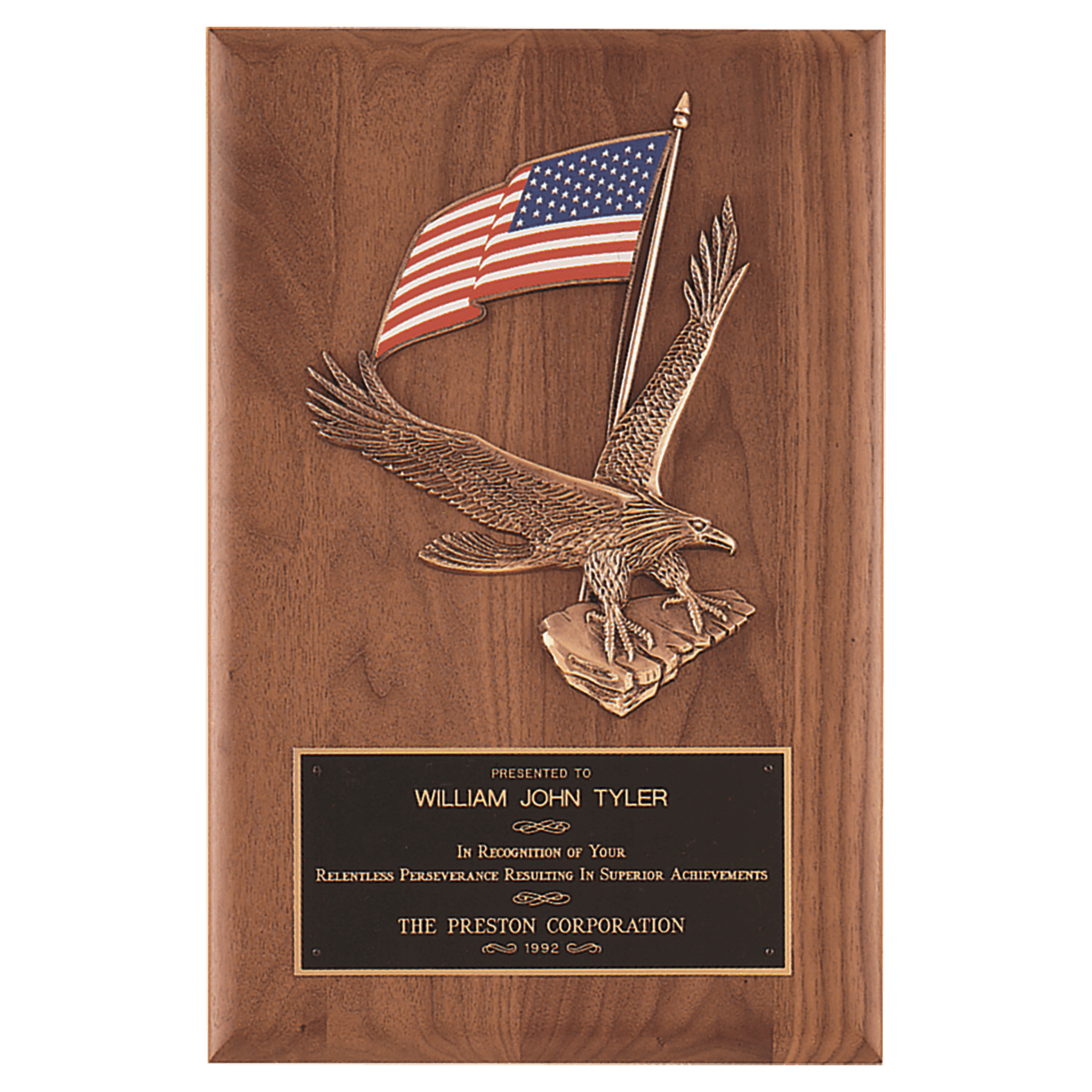 Solid American walnut 8 by 10.5 inch plaque with sculptured gold eagle and American flag relief and black brass engraving plate