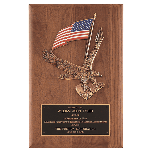 Solid American walnut 8 by 10.5 inch plaque with sculptured gold eagle and American flag relief and black brass engraving plate