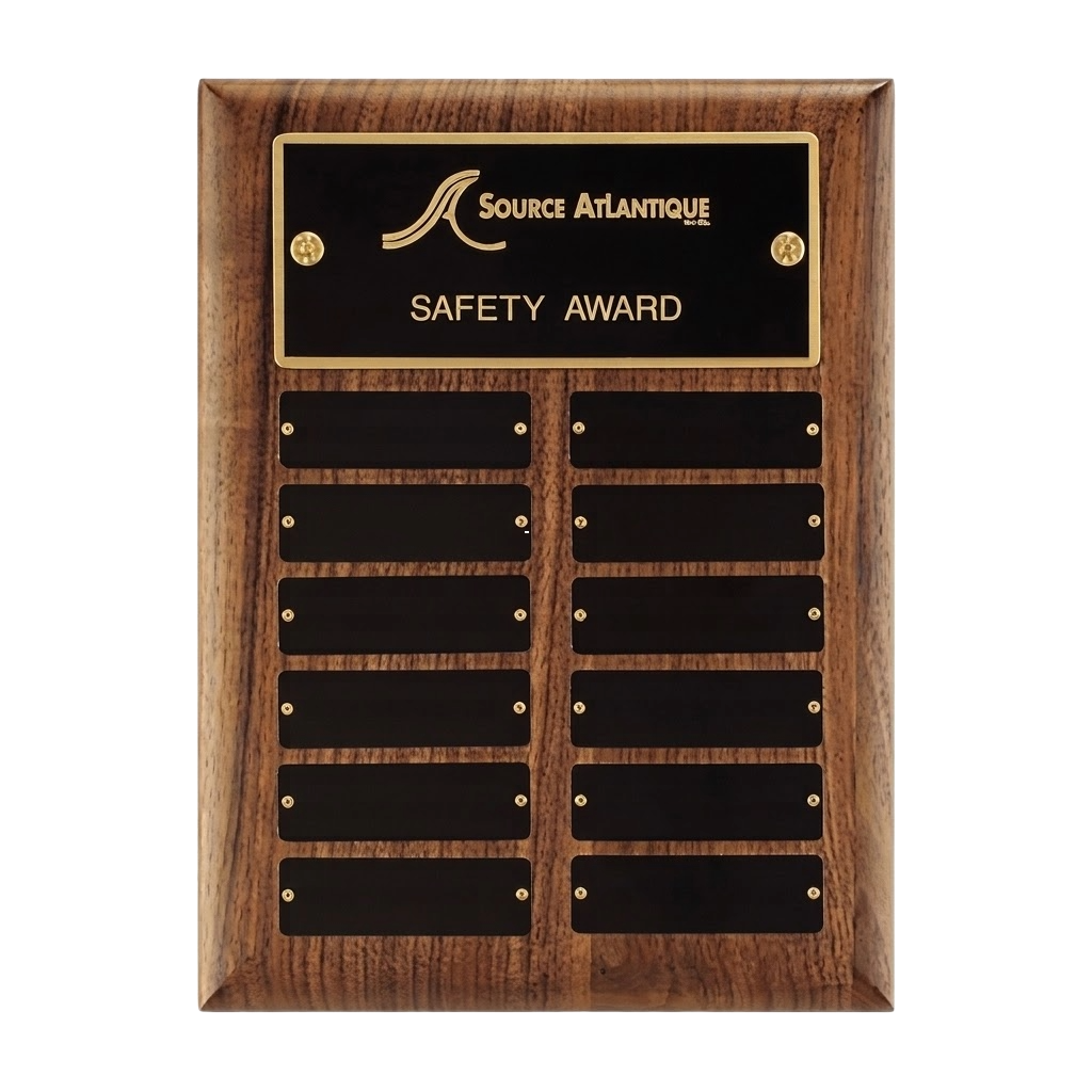 walnut Perpetual plaque board with 12 black plates and black header plate with gold trim
