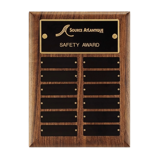 walnut Perpetual plaque board with 12 black plates and black header plate with gold trim