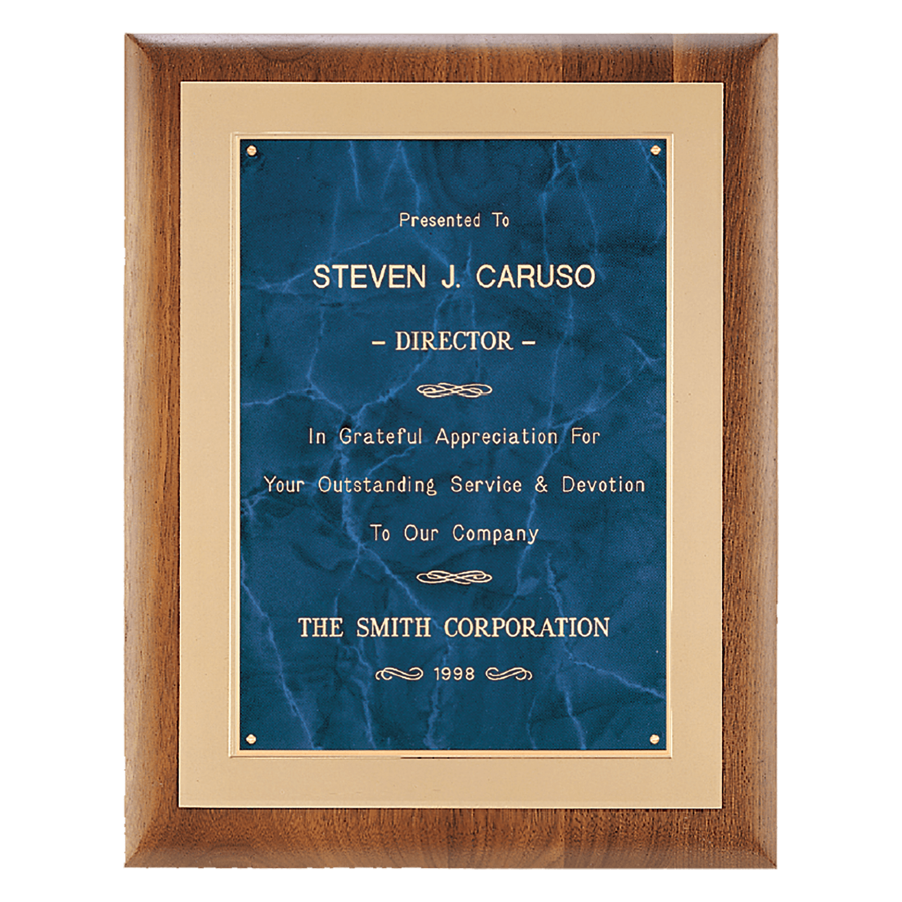 Airflyte walnut frame with brushed gold metal background and sapphire marble engravable plate, 11 by 14 inches