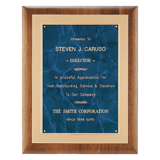 Airflyte walnut frame with brushed gold metal background and sapphire marble engravable plate, 11 by 14 inches