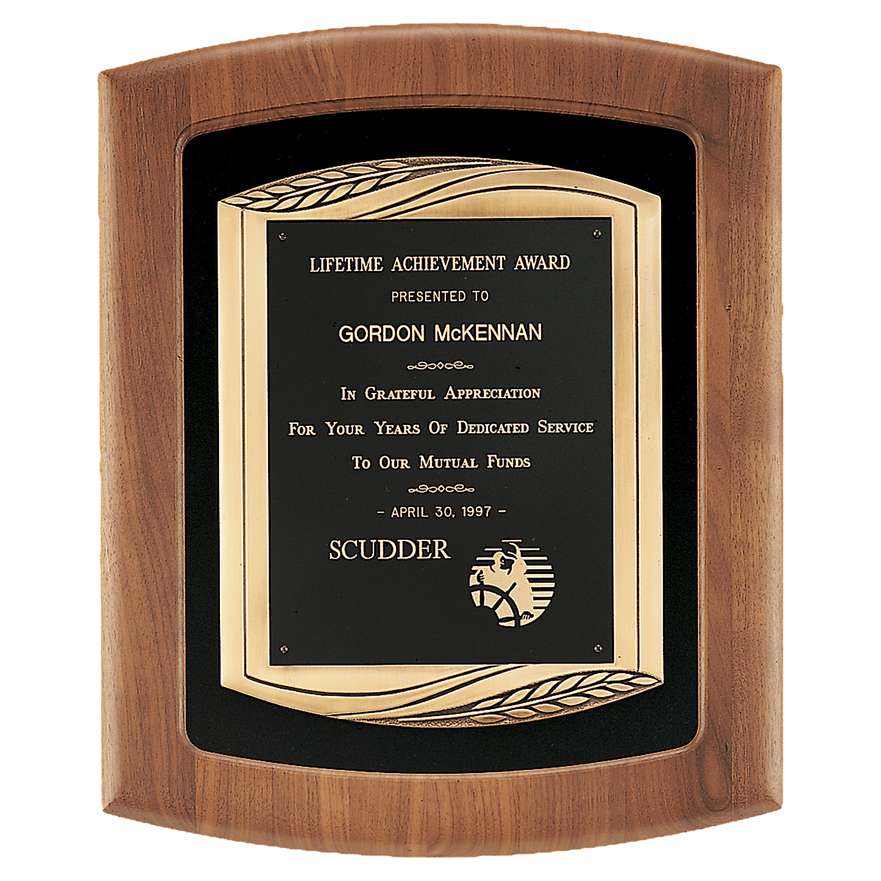 American walnut framed plaque with black velour background, antique bronze cast frame, and black engravable brass plate, 14 by 17 inches