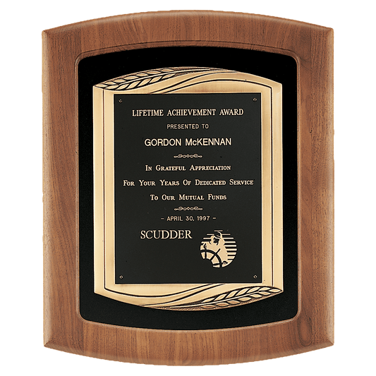 American walnut framed plaque with black velour background, antique bronze cast frame, and black engravable brass plate, 14 by 17 inches