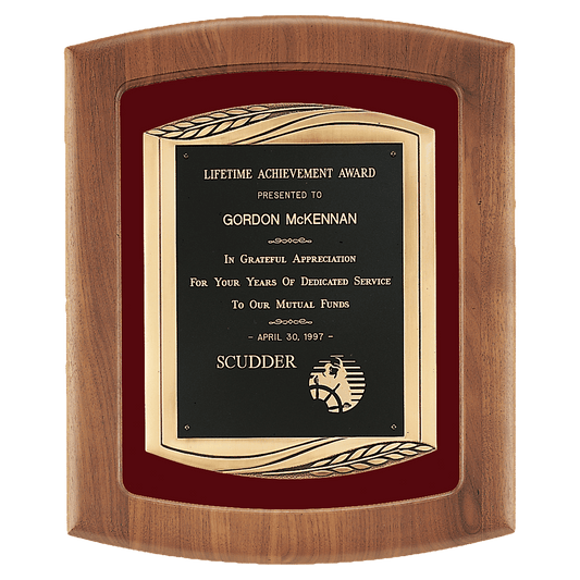 American walnut framed plaque with maroon velour background, antique bronze cast frame, and black engravable brass plate, 14 by 17 inches