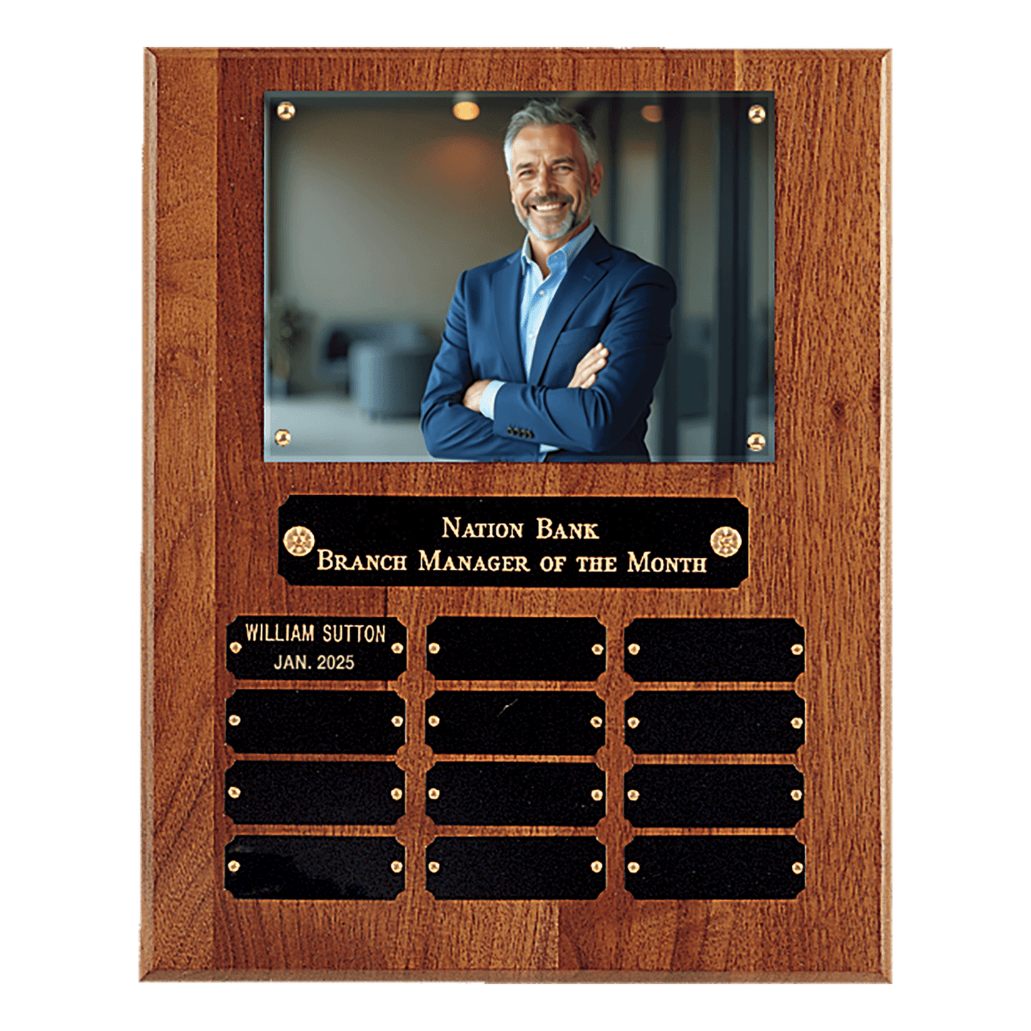 American walnut 10.5 by 13 inch photo plaque with twelve black brass plates around a 5 by 7 inch photo