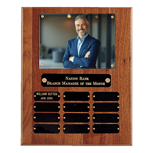 American walnut 10.5 by 13 inch photo plaque with twelve black brass plates around a 5 by 7 inch photo