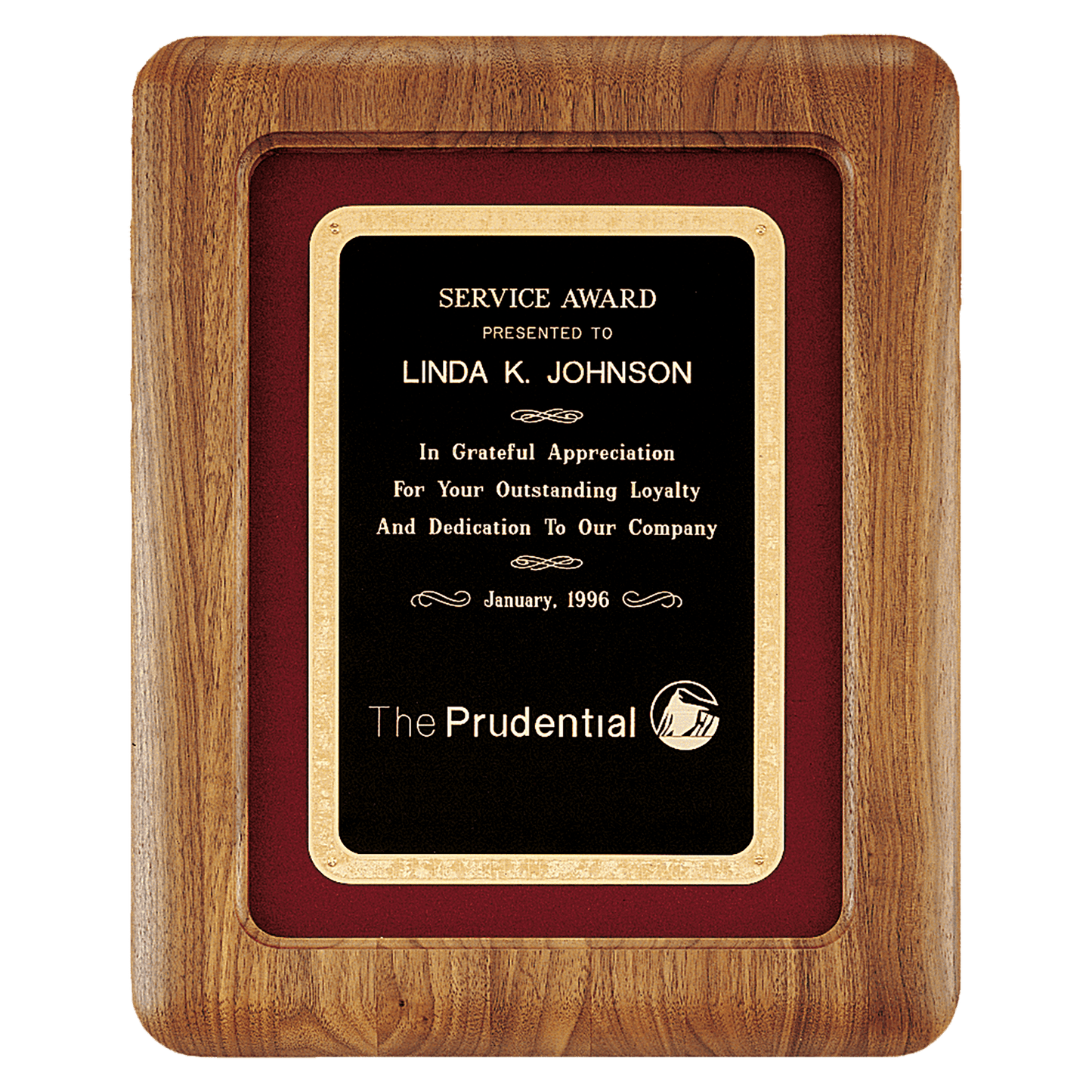 American walnut Airflyte framed plaque with maroon velour background and black Florentine engravable plate, 12 by 15 inches