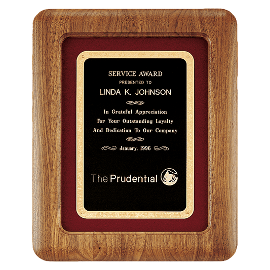 American walnut Airflyte framed plaque with maroon velour background and black Florentine engravable plate, 12 by 15 inches
