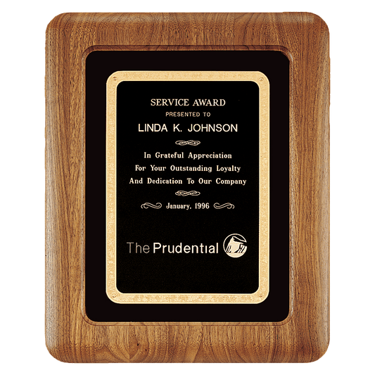 American walnut Airflyte framed plaque with black velour background and black Florentine engravable plate, 12 by 15 inches