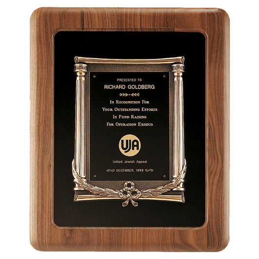 American walnut framed plaque with black background, antique bronze cast frame, and black engravable brass plate, 14 by 17 inches