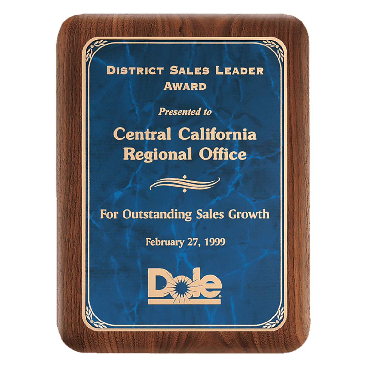 Walnut award plaque with a sapphire-blue marble engraving plate