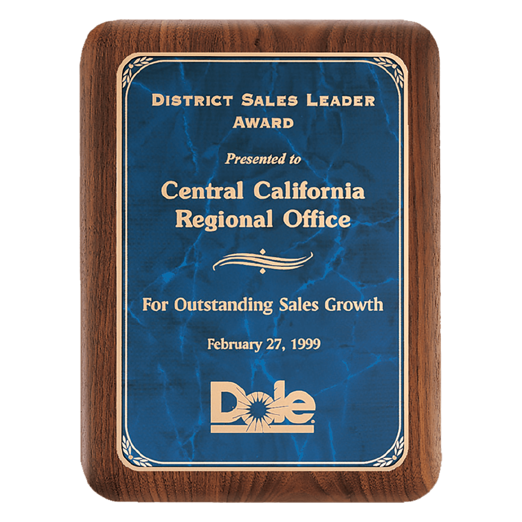Walnut award plaque with a sapphire-blue marble engraving plate