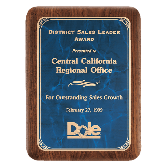 Walnut award plaque with a sapphire-blue marble engraving plate