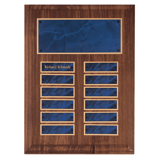 Solid Walnut Perpetual Plaque - 12 Sapphire Marble Plates (7/8 inch x 2 3/4 inch)