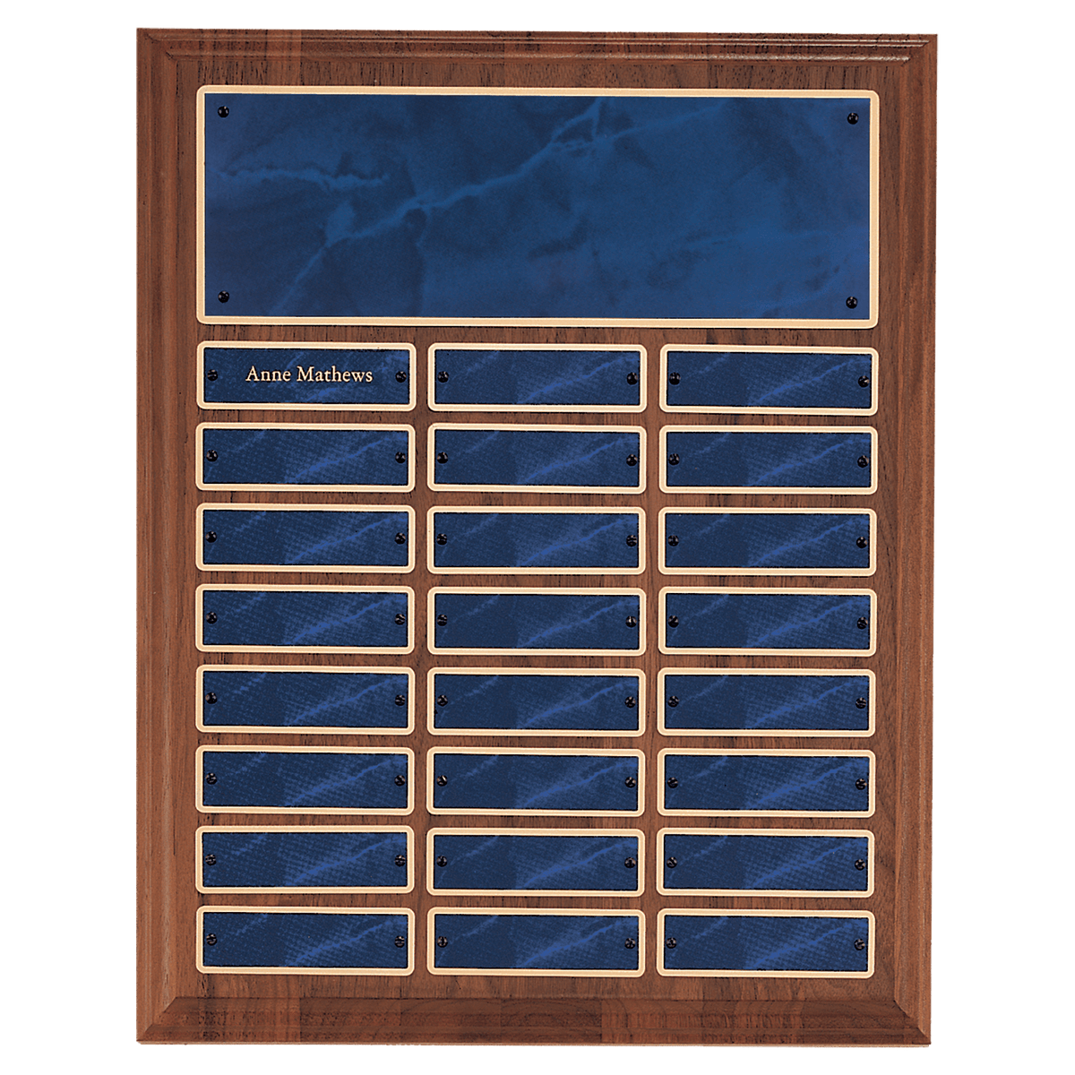 Solid Walnut Perpetual Plaque - 24 Sapphire Marble Plates (1 inch x 1 3/4 inch)