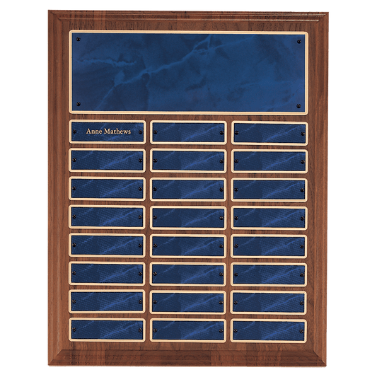 Solid Walnut Perpetual Plaque - 24 Sapphire Marble Plates (1 inch x 1 3/4 inch)