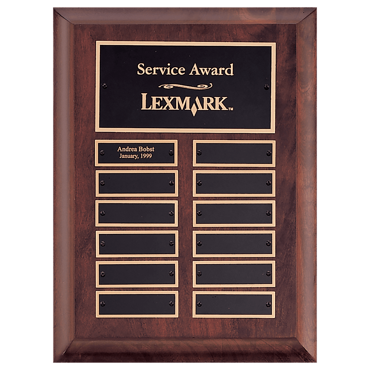 Cherry Finish Perpetual Plaque - 12 Black Brass Plates