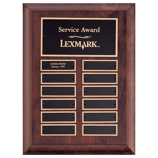 Cherry Finish Perpetual Plaque - 12 Black Brass Plates