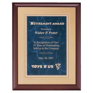 Cherry Finish Plaque with Sapphire Marble Plate on a Gold Embossed Back Plate
