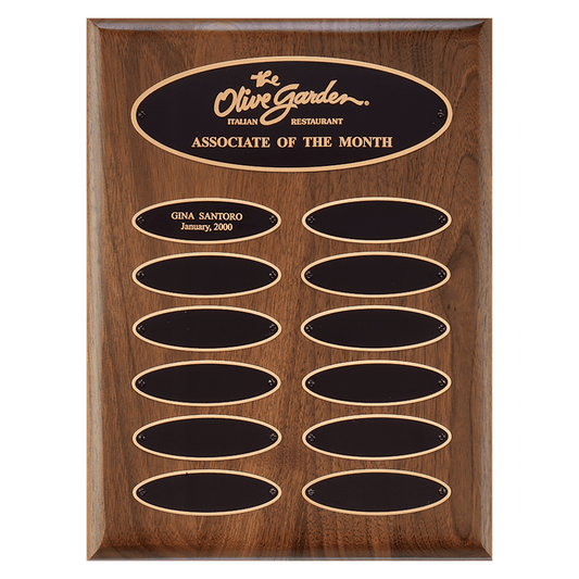 American Walnut Perpetual Plaque - 12 Oval Plates (1 inch x 3 1/4 inch)