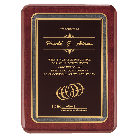 8" x 10 1/2" Rosewood Piano Finish Plaque with Florentine Design - Black & Gold Plate